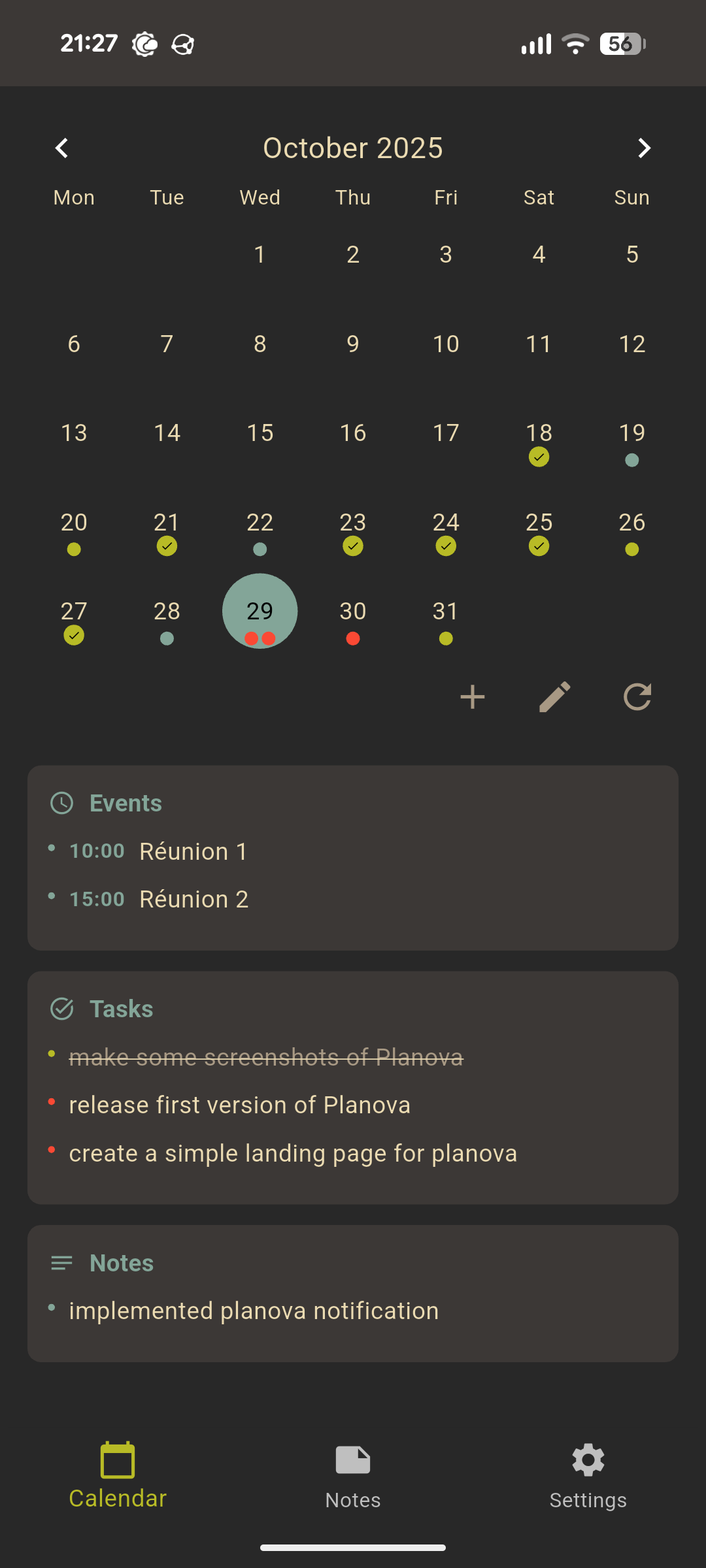 Planova main screen: month calendar above the daily Markdown file